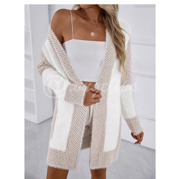 Fuzzy Duster Cardigan Open Long Sleeve Colorblock White Beige - Picture 1 of 8